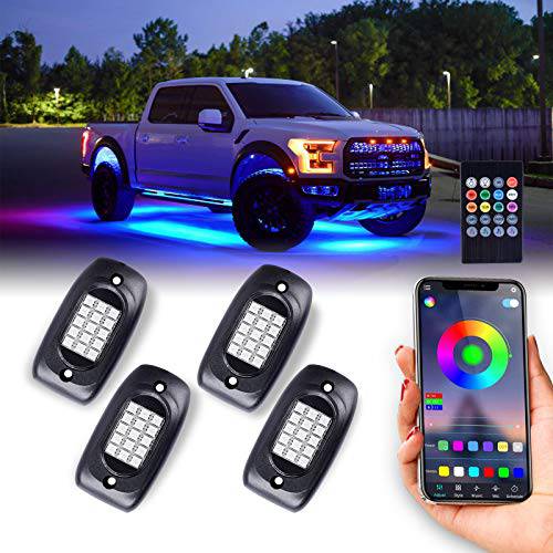 Yunight 방수 RGB LED 락 라이트, 4Pcs 네온 언더글로우 라이트닝 키트  어플&  무선 리모컨, 오토 휠 외부 언더글로우 라이트, 언더 자동차 라이트 SUV, 트럭, 오토 오토바이