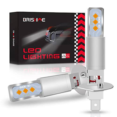 BRISHINE H1 LED 포그라이트, 안개등 전구 앰버옐로우, 노란색, 익스트림 브라이트 2525 칩 H1 LED 전구 자동차 포그라이트, 안개등S, 낮 런닝 라이트 DRL (팩 of 2)