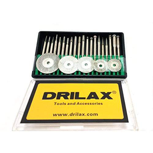 Drilax 25 pcs 다이아몬드 코팅 Burs Cut Off 디스크 세트 콘 Cylindrical 라운드 비트 Burr 키트 보석세공인 1/ 8 샤프트