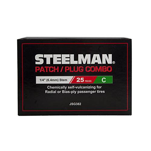 Steelman 1/ 4-Inch 타이어 수리 패치/ 플러그 콤보 1-Piece 수리 of 튜브리스 타이어, Chemical or 열 치료법, 통합 심 와이어, 박스 of 25
