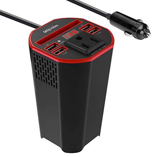 Bapdas 150W 차량용 컵 파워 인버터 DC 12V to 110V AC 컨버터, 변환기 1 AC 콘센트 and 4 USB 포트 태블릿, 노트북 and Smartphones-Red