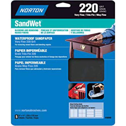 Norton 48090 샌드 Wet 사포 220 그릿, 9-Inch x 11-Inch, 5-Pack