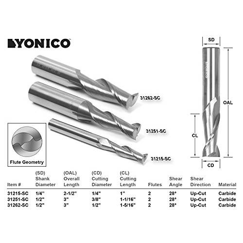 Yonico 14320 Up Cut 3 비트 솔리드 카바이드 CNC 라우터비트 세트 1/ 2-Inch 생크