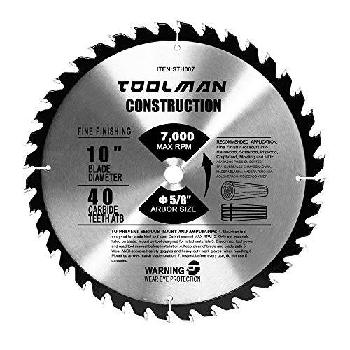 Toolman  프리미엄 다기능 Carbide-Tipped 원형 톱날 범용 호환 10 5/ 8 arbor 40T 테이블 Miter 커팅 우드 Lumber STH007