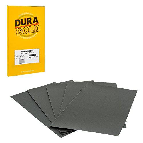 Dura-Gold - 프리미엄 - 웻 or 드라이 - 600 그릿 - 프로페셔널 Cut to 5-1 2 X 9 시트 - 컬러 샌딩 and 폴리싱 자동차 and 목공 - 박스 25 사포 피니싱 시트