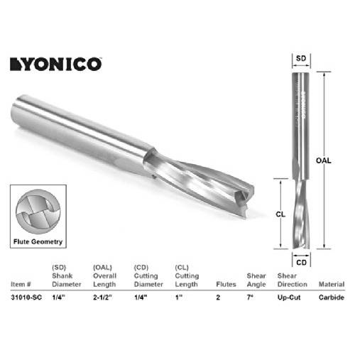 Yonico 31010-SC 1/ 4-Inch Dia. 2 플루트 로우 Helix 업컷 나선, 스파이럴 End 밀,분쇄기 CNC 라우터비트 1/ 4-Inch 생크
