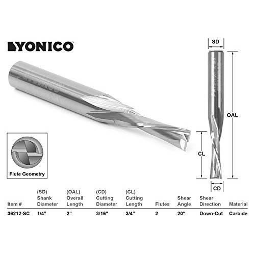 Yonico 32010-SC 1/ 4-Inch Dia. 2 플루트 로우 Helix Downcut 나선, 스파이럴 End 밀,분쇄기 CNC 라우터비트 1/ 4-Inch 생크