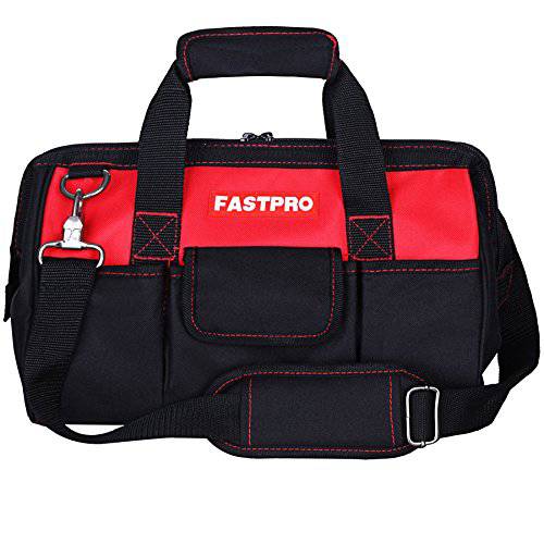 FASTPRO 14-Inch Zip-top 와이드 입구 오픈 스토리지 공구가방, 클래식 블랙& 레드 디자인, Fashionable 디자인, 600D 폴리에스터 천 재질 퀄리티 지구력, 조절가능 숄더 스트랩