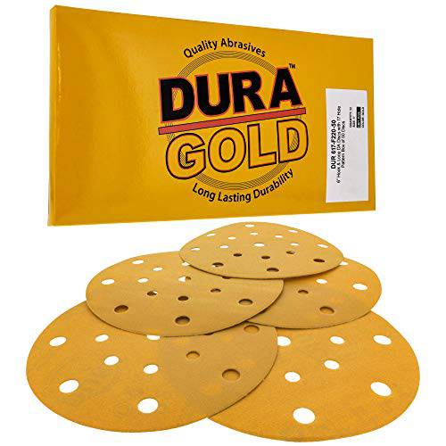 Dura-Gold - 프리미엄 - 220 그릿 - 6 골드 원형사포 - 17-Hole 패턴 먼지없는 후크 and 루프 DA 샌더 - 박스 of 50 피니싱 사포 원형 목공 or 자동차