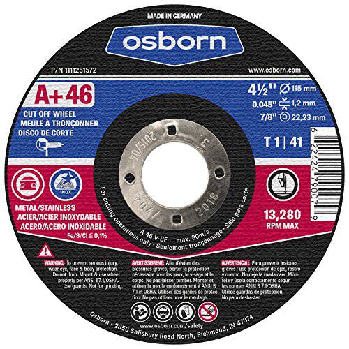 Osborn 1111251572 커팅/ Cut-Off 디스크, T01, 4-1/ 2 x 0.045 x 7/ 8, a+ 60, Advanced 알루미늄옥사이드, 13280 맥스 RPM, 4.5 직경, 4.5 타입 (팩 of 25)