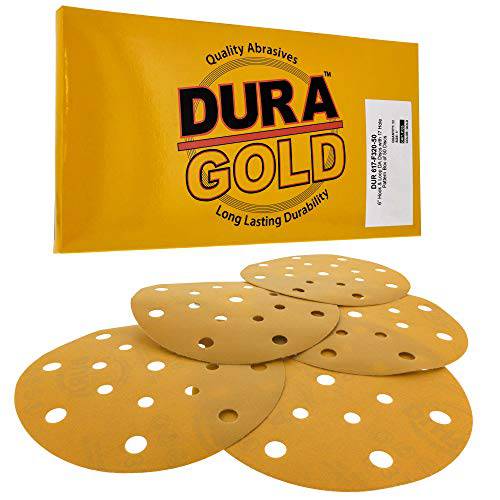 Dura-Gold - 프리미엄 - 320 그릿 - 6 골드 원형사포 - 17-Hole 패턴 먼지없는 후크 and 루프 DA 샌더 - 박스 of 50 피니싱 사포 원형 목공 or 자동차