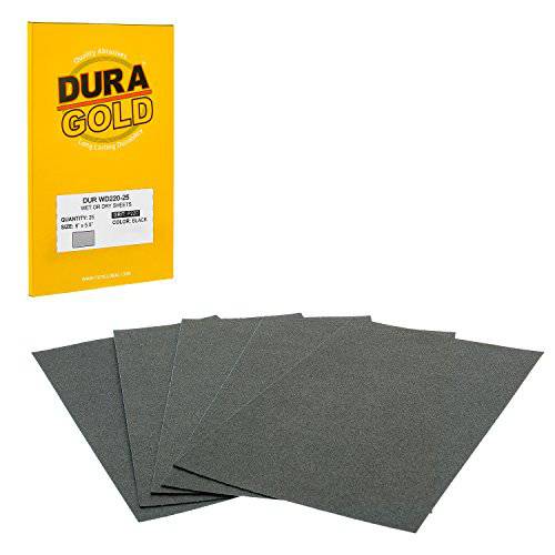 Dura-Gold - 프리미엄 - Wet or 드라이 - 220 그릿 - 프로페셔널 컷 to 5-1 2 X 9 시트 - 컬러 샌딩 and 폴리싱 자동차 and 목공 - 박스 25 사포 피니싱 시트