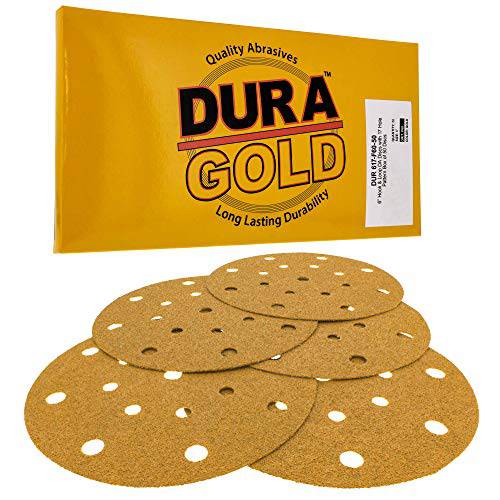 Dura-Gold - 프리미엄 - 60 그릿 - 6 골드 원형사포 - 17-Hole 패턴 먼지없는 후크 and 루프 DA 샌더 - 박스 of 50 피니싱 사포 원형 목공 or 자동차