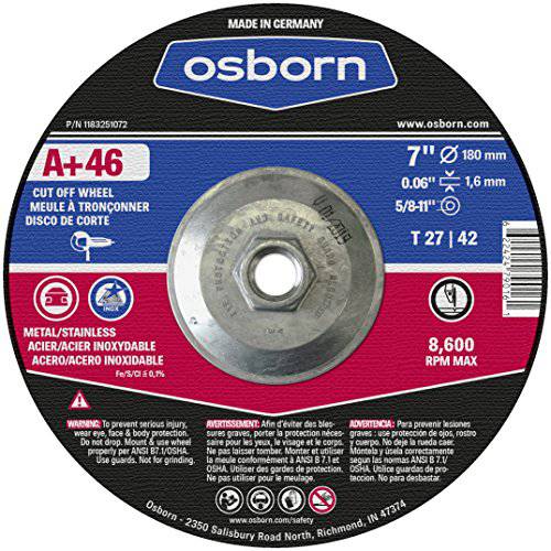 Osborn 1183251072 커팅/ Cut-Off 디스크 스레드 Arbor, T27, 7 x 0.060 x 5/ 8-11, a+ 46, Advanced 알루미늄옥사이드, 8600 맥스 RPM, 7 직경, 7 타입 (팩 of 10)