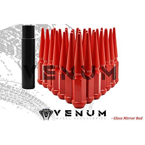 Venum wheel accessories 24 Pc 파우더 코팅 광택 레드 스파이크 러그 너트 | M14x1.5 | 4.5 인치 톨 | 1 피스 공사현장 | works 2015-2020 F-150 6x135 MM Bolt 패턴