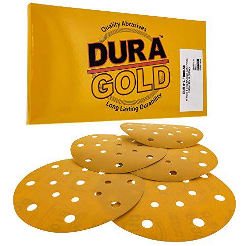 Dura-Gold - 프리미엄 - 1000 그릿 - 6 골드 원형사포 - 17-Hole 패턴 먼지없는 후크 and 루프 DA 샌더 - 박스 of 50 피니싱 사포 원형 목공 or 자동차