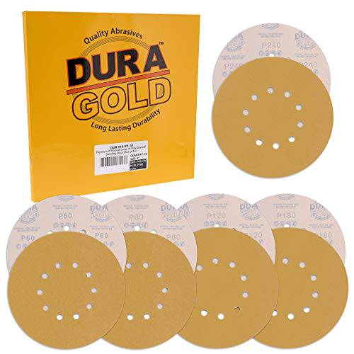 Dura-Gold  프리미엄 9 건식벽체 원형사포 버라이어티팩 박스 - 60, 80, 120, 180, 240 그릿 (2 원형 Each, 10 Total) - 10 홀 패턴 사포 원형  후크&  루프 백킹, 고속 Cut 파워 샌더