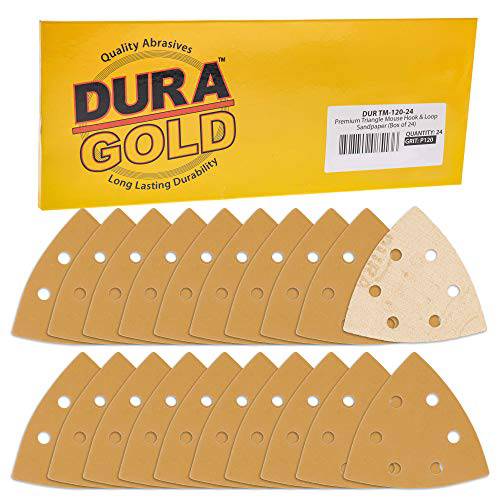 Dura-Gold  프리미엄 삼각대 진동 마우스 샌딩 시트 - 120 그릿 (박스 of 24) - 6 홀 패턴 후크&  루프 삼각형 모양 마우스 샌더 원형 - 알루미늄옥사이드 연마제 사포 - 목공