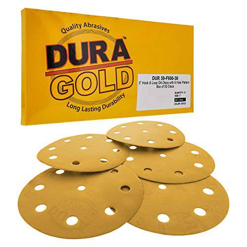 Dura-Gold - 프리미엄 - 600 그릿 - 5 골드 원형사포 - 9-Hole 패턴 먼지없는 후크 and 루프 DA 샌더 - 박스 of 50 피니싱 사포 원형 목공 or 자동차