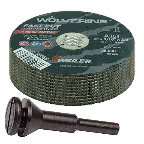 Weiler 56089 Die 그라인더 Cut Off 휠 and Mandrel 키트 Including 56490 Mandrel and 3-Inch x 1/ 16 울버린 T1 Thin 휠, A36T, 3/ 8 AH (1 Mandrel and 10 커팅 원형)