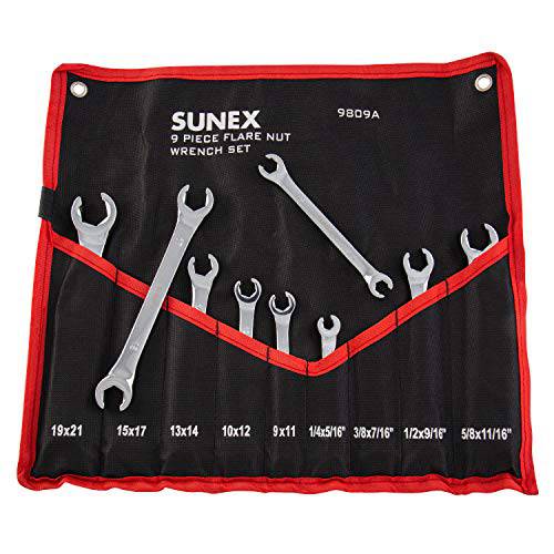 Sunex Tools 9809A 플레어 너트 렌치 세트, 1/ 4x5/ 15 - 5/ 8 - 11/ 16, 9mm x 11mm - 19mm x 21mm, 완전 우아한, 9-Piece (포함 Roll-Case), SAE&  매트릭