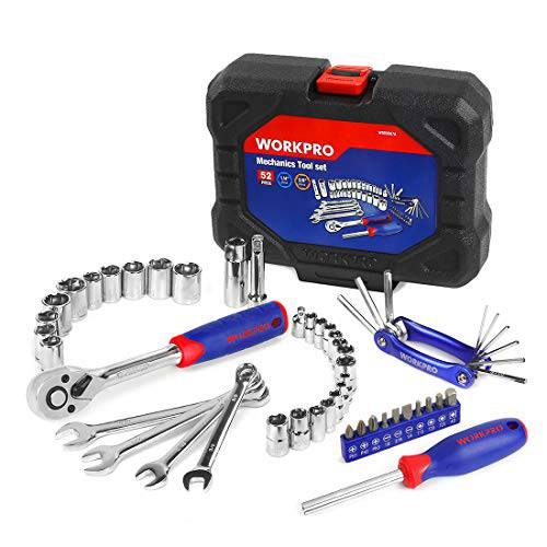 WORKPRO 52-Piece 기계 공구세트, 드라이브 소켓 렌치 세트, 3/ 8-inch Quick-Release Ratchets, Blow Molded 케이스, W009087A