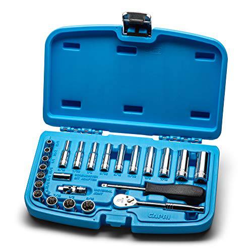 Capri Tools 1/ 4 in. 드라이브 12-Point 소켓 세트, 얕은 and 딥 래칫 and 어댑터, SAE, 24-Piece, 마스터 세트 w. 케이스/ 3/ 16-9/ 16 in. (CP16101)