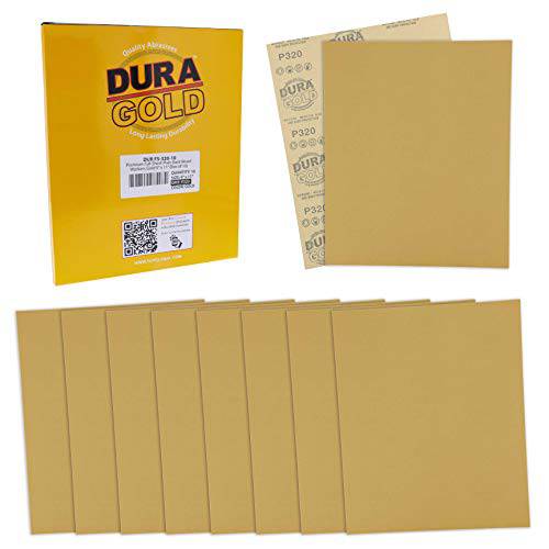 Dura-Gold  프리미엄 사포 - 320 그릿 - 풀 사이즈 9 x 11 시트, 우드 Workers 골드, 플레인 백킹 - 박스 of 10 시트 - 핸드 샌드 블록 샌딩, Cut 사용 On 1/ 4, 1/ 3, 1/ 2 장 피니싱 샌더스
