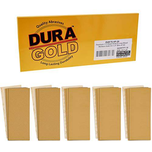 Dura-Gold  프리미엄 샌드용지,종이 1/ 3 장 버라이어티팩 박스 - 80, 120, 150, 220& 320 그릿 (4 시트 Each, 20 Total) - 우드 Workers 골드, 3-2/ 3 x 9 사이즈,  후크&  루프 백킹 - 샌드 Jitterbug 샌드ER