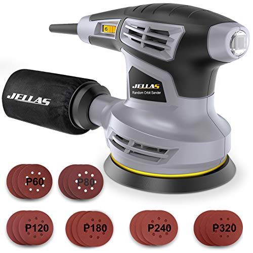 Jellas 5-Inch 랜덤 오비탈샌더 18Pcs 사포, 13000RPM 6 속도조절가능 샌더 머신,  고성능 먼지 콜렉션 시스템 목공, 2.5A, 먼지 콜렉션 백 포함 - OS02