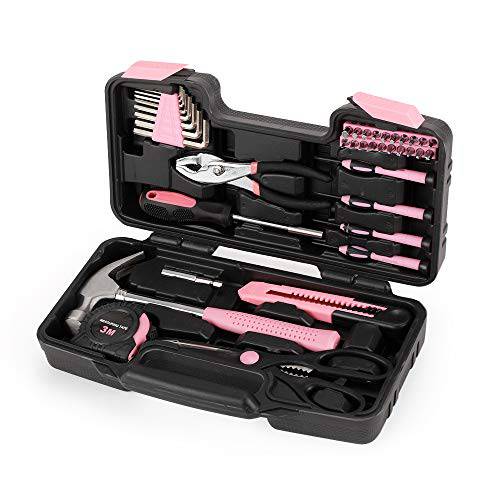 39-Piece 일반 툴 Set-Essential 가정용 수공구 키트 휴대용 공구상자 스토리지 Case（Pink）