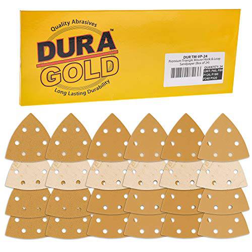 Dura-Gold 프리미엄 삼각대 마우스 샌딩 시트 버라이어티팩 - 60, 80, 120, 180, 240, 320 그릿 (4 Each, 24 Total), 6 홀 패턴 후크&  루프 삼각형 모양 샌더 원형,  알루미늄옥사이드 사포