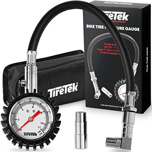 TireTek 로드 자전거 타이어공기압 게이지, 160 PSI 호환가능 프레스타 밸브&  슈레이더 밸브 에어 척  하이브리드&  로드 자전거,  잘보임, 큰글씨 글로우 다이얼 자전거 압력 게이지 스토리지 파우치