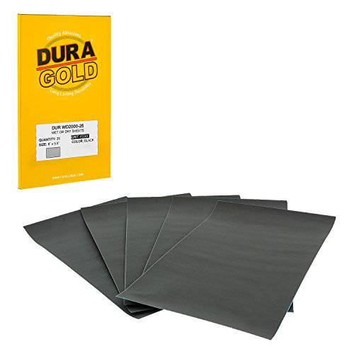 Dura-Gold - 프리미엄 - Wet or 드라이 - 2000 그릿 - 프로페셔널 cut to 5-1/ 2 x 9 시트 - 컬러 샌딩 and 폴리싱 자동차 and 목공 - 박스 of 25 사포 피니싱 시트
