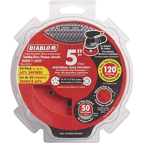 Diablo DCD050120H50G 5 in. 120-Grit 범용 홀 랜덤 오비탈 원형사포 (50-Pack)