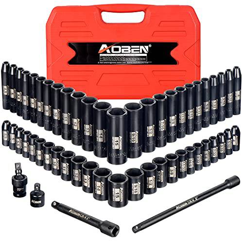 AOBEN 1/ 4-Inch 드라이브 임팩트소켓, 육각비트소켓 세트, 54 피스, 6 포인트, SAE/ 매트릭, 딥/ 스탠다드, Cr-V 스틸, 포함 연장 바 and 소켓 어댑터