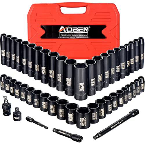 AOBEN 3/ 8-Inch 드라이브 임팩트소켓, 육각비트소켓 세트, 49 피스, 6 포인트, SAE/ 매트릭, (5/ 16 - 3/ 4, 8mm - 22mm), 딥/ 스탠다드, Cr-V 스틸, 포함 연장 바 and 어댑터