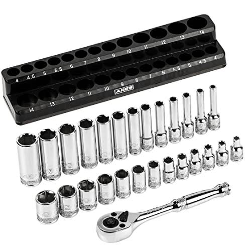 ARES 47003-28-Piece 1/ 4-inch 드라이브 매트릭 소켓 and 90-Tooth 래칫 세트 자석 오거나이저, 수납함, 정리함 - 사이즈 4mm to 14mm 딥 and 얕은 소켓