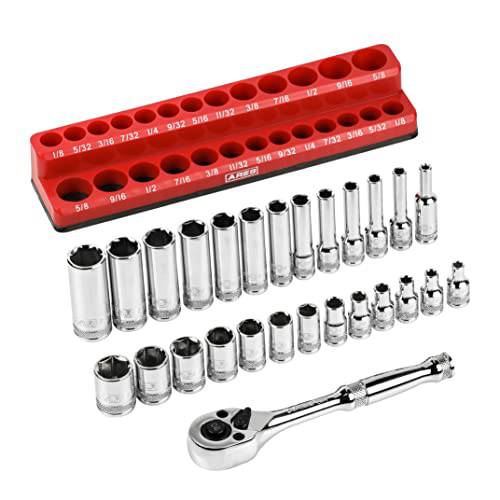 ARES 47006 - 28-Piece 1/ 4-inch 드라이브 SAE 소켓 and 90-Tooth 래칫 세트 자석 오거나이저, 수납함, 정리함 - 사이즈 1/ 8-Inch to 5/ 8-Inch 얕은 and 딥 소켓
