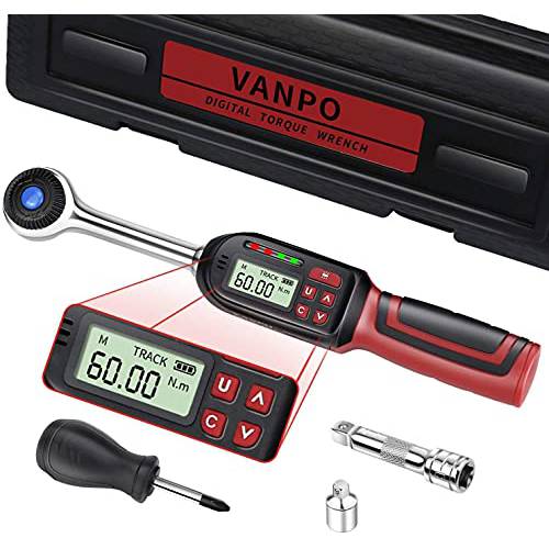 VANPO 3/ 8-Inch 드라이브 디지털 토크 렌치, 전자제품 토크 렌치 (2.2-44.3 ft-lbs./ 3-60Nm), 토크 렌치 세트 정확한 to ±2%,  부저& LED 인디케이터, 1/ 4 어댑터, 연장 바 자전거 Mot