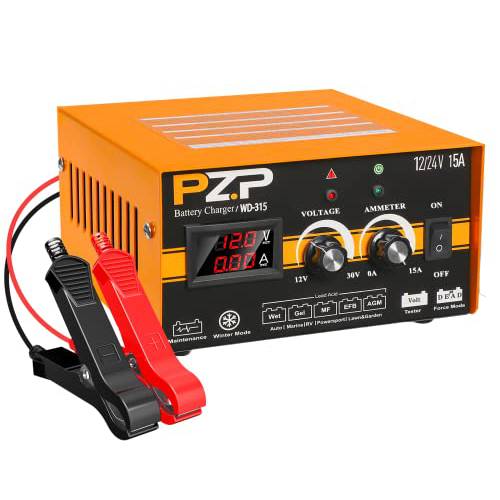 PZ.P 0-15A 12V/ 24V 배터리 충전기 Manitainer, 자동차 트럭 보트 배터리 물방울 충전기 조절가능 전압 and Current - 자동차, 선박, 딥 싸이클, AGM 배터리