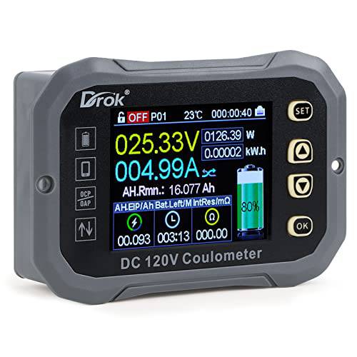 Charge-Discharge 멀티 테스터, DROK 0-120V 400A DC 전압계 Coulometer, 배터리 모니터 LCD 스크린, 측정 볼트 앰프 온도 파워 용량 타이머 모니터 Rv, 보트, E-Bike