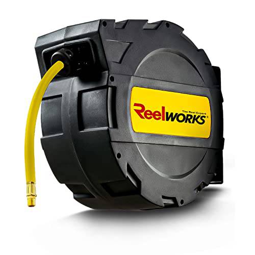 ReelWorks 에어 호스 릴 개폐식 오토 Rewind 3/ 8 인치 x 50’ Foot 하이브리드 고분자 호스 맥스 300PSI 상업용 폴리프로필렌 에워싸는 공사현장