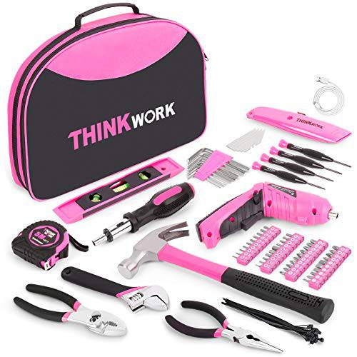 THINKWORK 122-Piece 핑크 공구세트 3.6V 회전가능 전기,전동 Screwdriver-Ladies 홈 Work 키트, Very 적용가능한 선물, Perfect DIY, 데일리 홈 장식