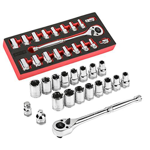 ARES 47002-19-Piece 1/ 2-Inch 드라이브 90-Tooth 래칫 and 소켓 세트 - 사이즈 3/ 8-Inch to 13/ 16-Inch SAE 소켓 and 10-mm to 19mm 매트릭 소켓 - 포함 어댑터 and 리듀서