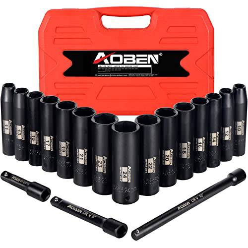 AOBEN 1/ 2-Inch 드라이브 딥 임팩트소켓, 육각비트소켓 세트, 18 피스, 10mm - 24mm 매트릭 사이즈 소켓, 6 포인트, Cr-V 스틸, 포함 3, 5, 10 연장 바