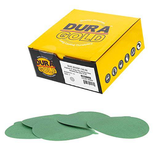 Dura-Gold 프리미엄 5 그린 필름 PSA 원형사포 - 120 그릿 (박스 of 50) - 필름 후면 셀프 접착 스티키백 샌드용지,종이 원형 DA 샌드ers, 고속 Cut 연마제 - 샌드 자동차 페인트 목공 우드