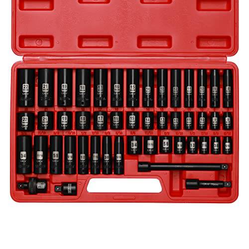 Mayouko 48 피스 3/ 8 드라이브 임팩트소켓, 육각비트소켓 세트, SAE/ 매트릭, 6 포인트, CR-V, 포함 연장 바, 어댑터, 범용 관절