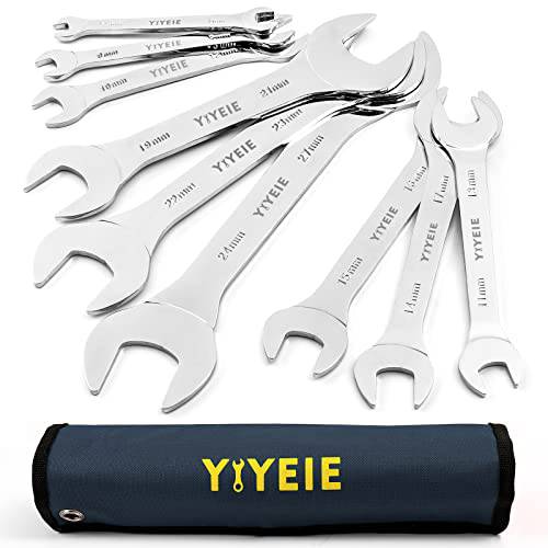 YIYEIE Super-Thin 오픈 End 렌치 세트, 9-Piece 매트릭, 5.5mm to 27mm, 크롬 바나듐 스틸 미러 Polish, Ultra-Slim 렌치 세트 롤링 파우치