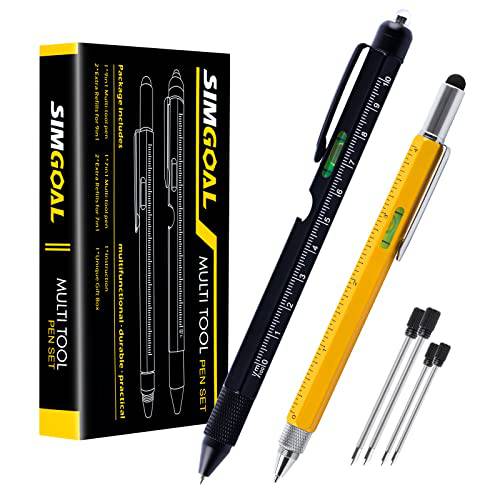 SIMGOAL 2 피스 Multi-tool 펜 세트, 독특한 선물 Dad-4Ruler, 레벨, LED 라이트,  볼펜, 플랫/ 필립스 드라이버,  병따개 and 터치스크린 스타일러스.
